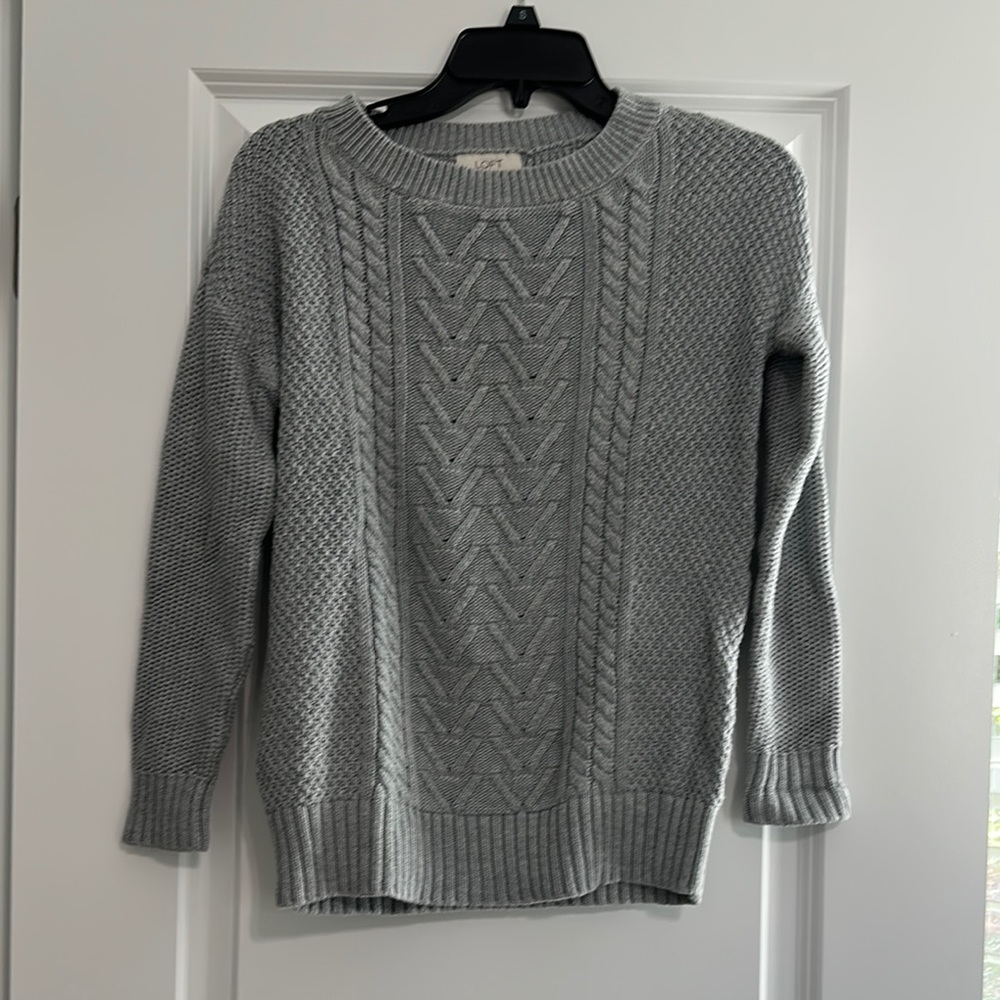 LOFT Gray Cable Knit Crew Neck Sweater